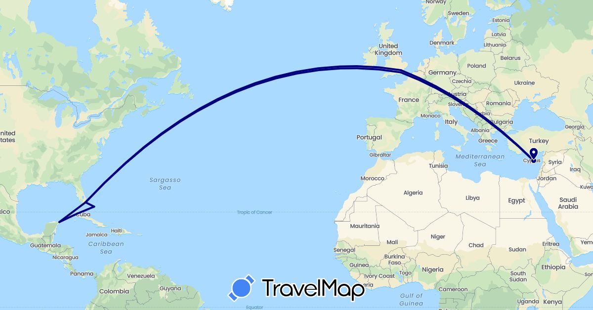 TravelMap itinerary: driving in Bahamas, Cuba, Cyprus, United Kingdom, Mexico, United States (Asia, Europe, North America)
